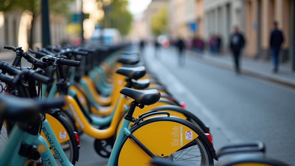 Colorful bike-sharing bicycles lined up at a modern Prague station with clear signage