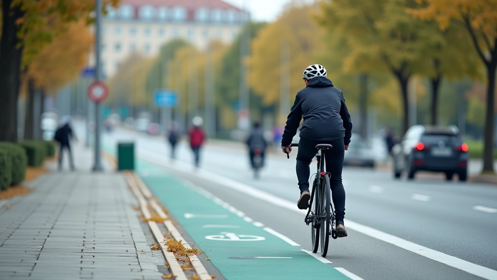 Cyclist on A2 protected bike lane during busy commute hour with other riders visible