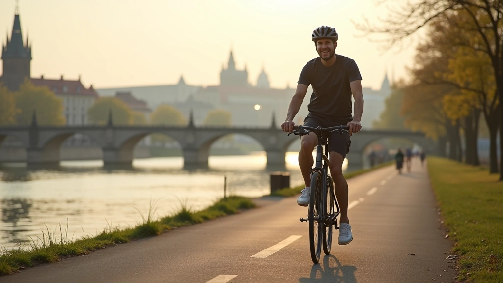 Cyclist riding on riverside path with Prague buildings and bridges visible across the Vltava river
