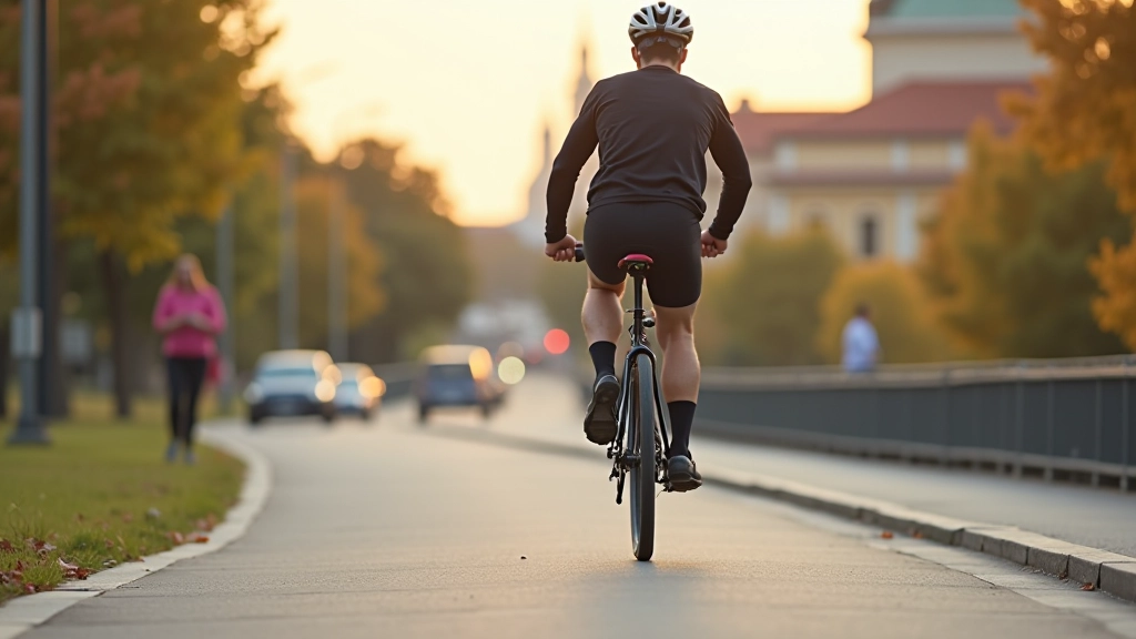 Bike rider on Prague cycling route with city skyline