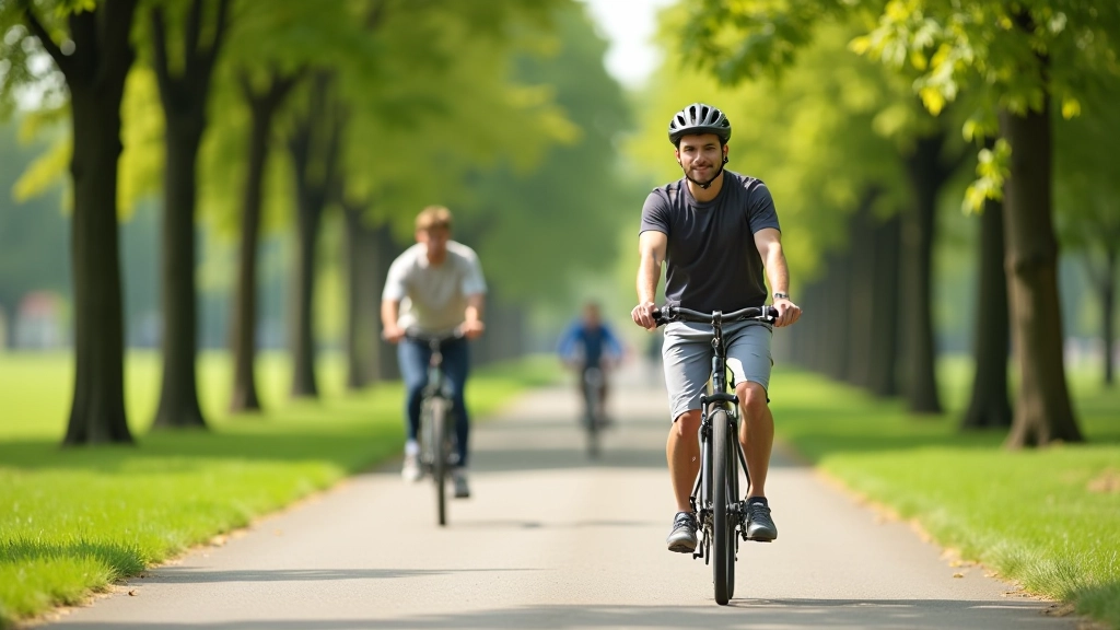 Cyclists riding on paved cycling path through Stromovka park surrounded by mature trees and grass areas