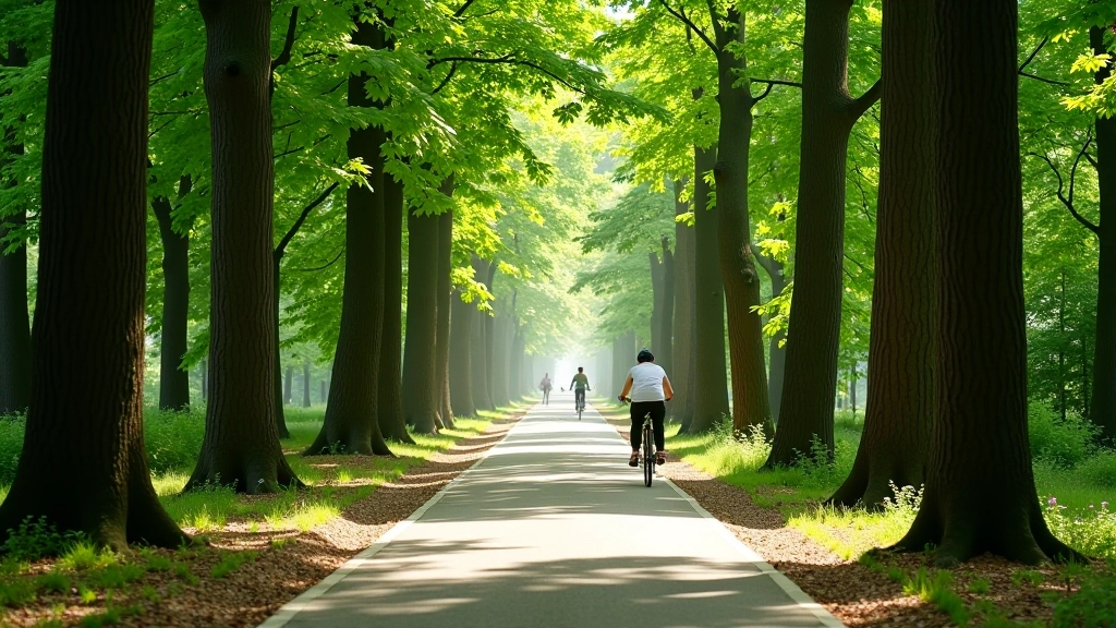 Tree-lined cycling path in Stromovka park showing dappled sunlight through canopy and well-maintained pavement
