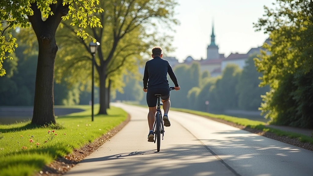 Bike lane along Letná with city buildings and Vltava river in background