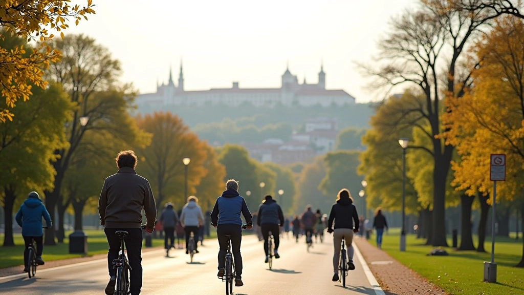 Scenic observation point in Letná park with panoramic city views and cyclists resting