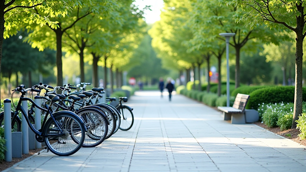 Park entrance area showing bike parking racks and pathways leading into Stromovka park