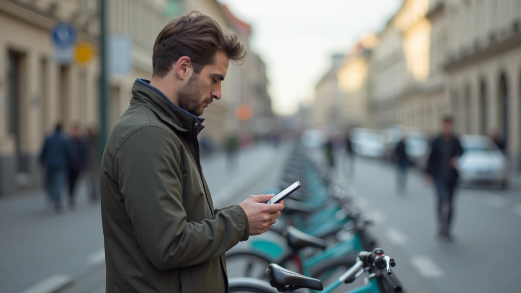 Person standing next to a Prague bike-sharing station, checking their phone for bike availability, casual urban setting with historic buildings