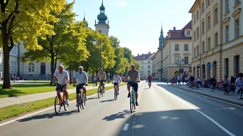 Prague cityscape with cyclists riding on modern bike lanes with historic buildings in background