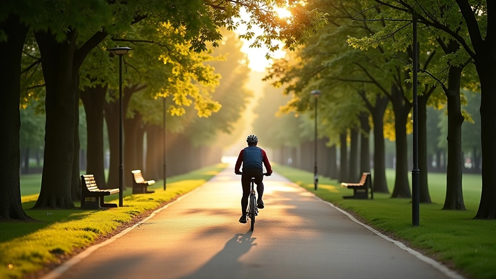 Cycling path through Stromovka park with trees and benches visible