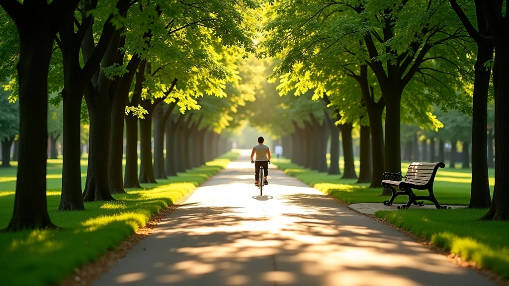 Tree-lined cycling path through Letná with dappled sunlight and park benches along the route