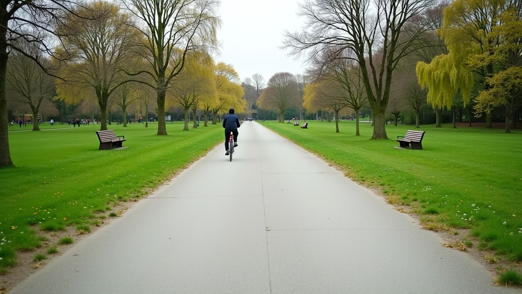 Wide paved cycling path in Stromovka park with park benches and open meadow visible to the side